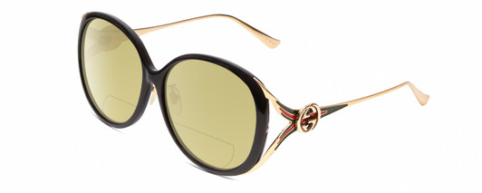 Profile View of Gucci GG0226SK Designer Polarized Reading Sunglasses with Custom Cut Powered Sun Flower Yellow Lenses in Black/Gold Ladies Oval Full Rim Acetate 60 mm