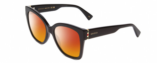 Profile View of Gucci GG0459S Designer Polarized Sunglasses with Custom Cut Red Mirror Lenses in Gloss Black Ladies Cateye Full Rim Acetate 54 mm