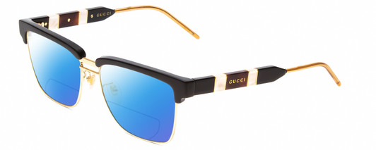 Profile View of Gucci GG0603S Designer Polarized Reading Sunglasses with Custom Cut Powered Blue Mirror Lenses in Black/Gold Unisex Cateye Semi-Rimless Metal 56 mm