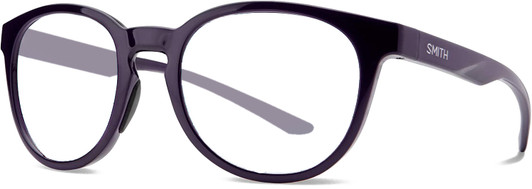 Profile View of Smith Optics Eastbank Designer Reading Eye Glasses in Crystal Midnight Purple Ladies Round Full Rim Acetate 52 mm