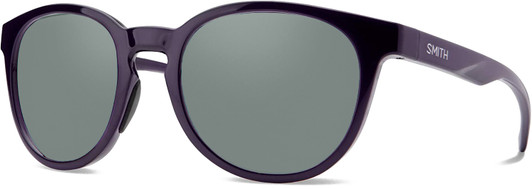 Profile View of Smith Optics Eastbank Designer Polarized Sunglasses with Custom Cut Smoke Grey Lenses in Crystal Midnight Purple Ladies Round Full Rim Acetate 52 mm
