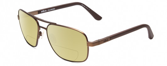 Profile View of REVO Freeman Designer Polarized Reading Sunglasses with Custom Cut Powered Sun Flower Yellow Lenses in Brown Unisex Aviator Full Rim Metal 58 mm