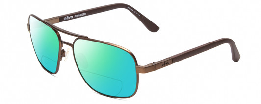 Profile View of REVO Freeman Designer Polarized Reading Sunglasses with Custom Cut Powered Green Mirror Lenses in Brown Unisex Aviator Full Rim Metal 58 mm