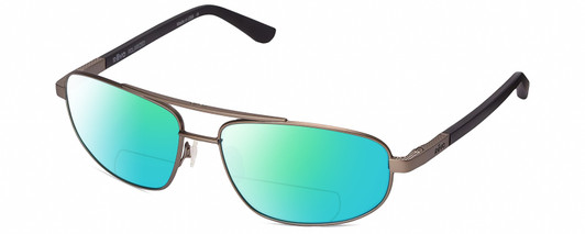 Profile View of REVO Nash Designer Polarized Reading Sunglasses with Custom Cut Powered Green Mirror Lenses in Gunmetal Silver Unisex Oval Full Rim Metal 61 mm