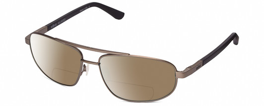 Profile View of REVO Nash Designer Polarized Reading Sunglasses with Custom Cut Powered Amber Brown Lenses in Gunmetal Silver Unisex Oval Full Rim Metal 61 mm