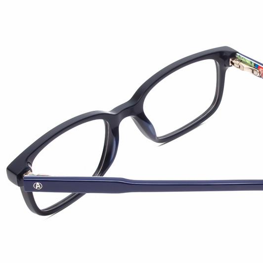 Close Up View of Marvel KIDS AVE901 Avengers Graphic Designer Reading Eye Glasses with Custom Cut Powered Lenses in Navy Blue Unisex Classic Full Rim Acetate 46 mm