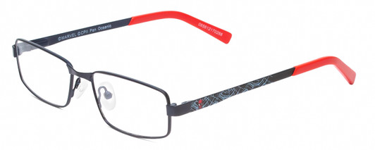 Profile View of Marvel KIDS SME4B Spiderman Graphic Designer Blue Light Blocking Eyeglasses in Satin Black Red Unisex Rectangle Full Rim Metal 47 mm