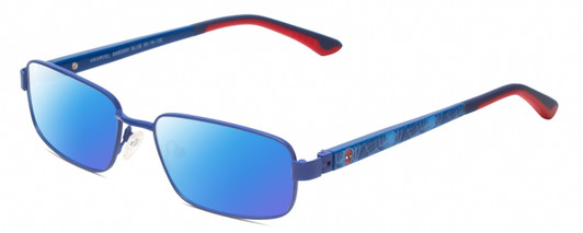 Profile View of Marvel KIDS SME8 Spiderman Graphic Designer Polarized Sunglasses with Custom Cut Blue Mirror Lenses in Royal Blue Red Unisex Rectangle Full Rim Metal 50 mm