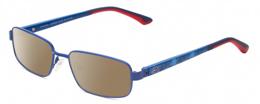 Profile View of Marvel KIDS SME8 Spiderman Graphic Designer Polarized Sunglasses with Custom Cut Amber Brown Lenses in Royal Blue Red Unisex Rectangle Full Rim Metal 50 mm