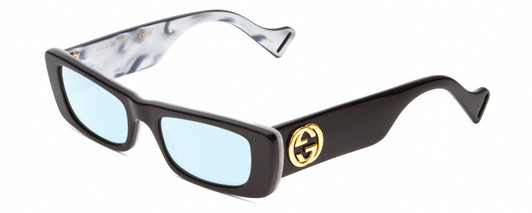 Profile View of Gucci GG0516S Designer Blue Light Blocking Eyeglasses in Black Layer Marble White Mother of Pearl Ladies Rectangle Full Rim Acetate 52 mm
