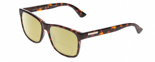 Profile View of Gucci GG0746S Designer Polarized Reading Sunglasses with Custom Cut Powered Sun Flower Yellow Lenses in Havana Tortoise Brown Gold Unisex Classic Full Rim Acetate 57 mm