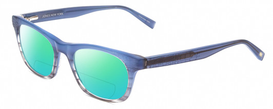 Profile View of Jones New York J229 Designer Polarized Reading Sunglasses with Custom Cut Powered Green Mirror Lenses in Blue Ladies Oval Full Rim Acetate 48 mm
