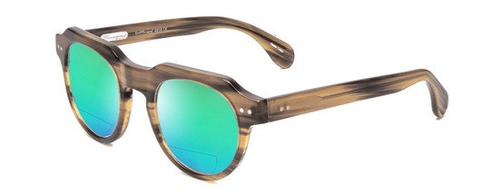 Profile View of Ernest Hemingway H4816 Designer Polarized Reading Sunglasses with Custom Cut Powered Green Mirror Lenses in Olive Green Brown Striped Marble Unisex Round Full Rim Acetate 48 mm