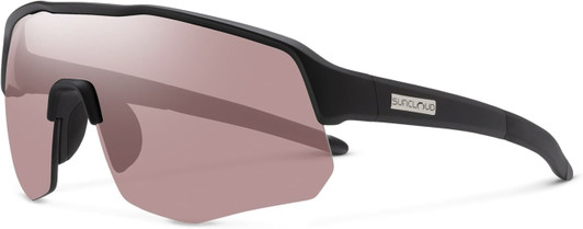 Profile View of Suncloud Cadence Pit Viper Style Semi-Rimless Sport Shield Sunglasses in Matte Black with Low Light Rose