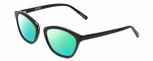 Profile View of Jones New York J766 Designer Polarized Reading Sunglasses with Custom Cut Powered Green Mirror Lenses in Gloss Black Ladies Cat Eye Full Rim Acetate 52 mm