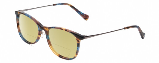 Profile View of Lucky Brand D510 Designer Polarized Reading Sunglasses with Custom Cut Powered Sun Flower Yellow Lenses in Blue Brown Stripe Horn Unisex Cat Eye Full Rim Acetate 52 mm