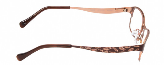 Side View of Lucky Brand Tickle Designer Reading Eye Glasses with Custom Cut Powered Lenses in Satin Brown Copper Leaf Ladies Oval Semi-Rimless Metal 49 mm