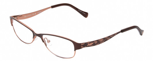 Profile View of Lucky Brand Tickle Designer Single Vision Prescription Rx Eyeglasses in Satin Brown Copper Leaf Ladies Oval Semi-Rimless Metal 49 mm