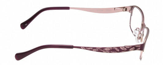 Side View of Lucky Brand Tickle Designer Reading Eye Glasses with Custom Cut Powered Lenses in Satin Purple Blush Leaf Ladies Oval Semi-Rimless Metal 49 mm