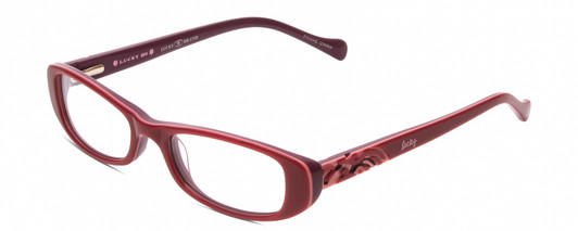 Profile View of Lucky Brand Spark Plug KIDS Designer Reading Eye Glasses with Custom Cut Powered Lenses in Red Pink Purple Triple Layer Crystal Ladies Cat Eye Full Rim Acetate 46 mm