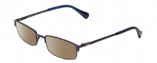 Profile View of Lucky Brand Break Time Designer Polarized Sunglasses with Custom Cut Amber Brown Lenses in Navy Blue Brown Gold Tortoise Tips Ladies Rectangular Full Rim Metal 48 mm