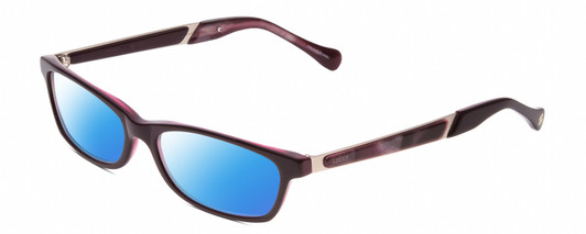 Profile View of Lucky Brand High Noon Designer Polarized Sunglasses with Custom Cut Blue Mirror Lenses in Purple Layer Crystal Ladies Cat Eye Full Rim Acetate 53 mm