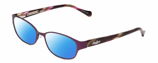 Profile View of Lucky Brand Horizon Designer Polarized Sunglasses with Custom Cut Blue Mirror Lenses in Satin Purple Brown Stripe Horn Ladies Oval Full Rim Metal 51 mm