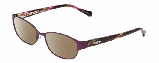 Profile View of Lucky Brand Horizon Designer Polarized Sunglasses with Custom Cut Amber Brown Lenses in Satin Purple Brown Stripe Horn Ladies Oval Full Rim Metal 51 mm