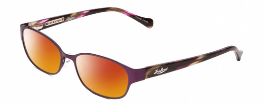 Profile View of Lucky Brand Horizon Designer Polarized Sunglasses with Custom Cut Red Mirror Lenses in Satin Purple Brown Stripe Horn Ladies Oval Full Rim Metal 51 mm