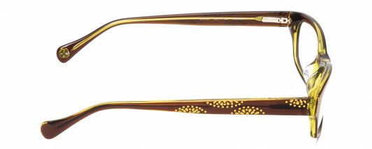 Side View of Lucky Brand Swirl Designer Single Vision Prescription Rx Eyeglasses in Brown Yellow Layer Crystal Ladies Cat Eye Full Rim Acetate 53 mm