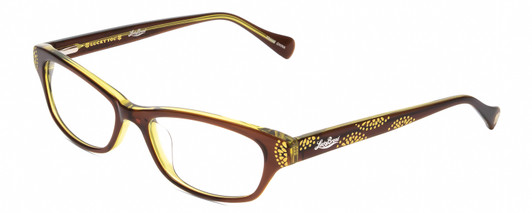 Profile View of Lucky Brand Swirl Designer Blue Light Blocking Eyeglasses in Brown Yellow Layer Crystal Ladies Cat Eye Full Rim Acetate 53 mm