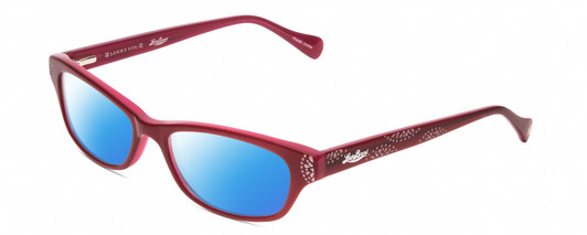 Profile View of Lucky Brand Swirl Designer Polarized Sunglasses with Custom Cut Blue Mirror Lenses in Red Layer Crystal Unisex Cat Eye Full Rim Acetate 53 mm