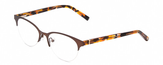 Profile View of Jones New York J145 Designer Reading Eye Glasses with Custom Cut Powered Lenses in Brown Orange Crystal Tortoise Marble Ladies Cat Eye Semi-Rimless Metal 48 mm