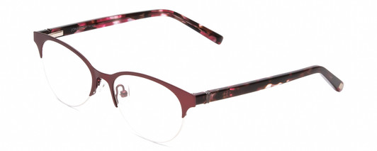 Profile View of Jones New York J145 Designer Single Vision Prescription Rx Eyeglasses in Burgundy Red Crystal Tortoise Marble Ladies Cat Eye Semi-Rimless Metal 48 mm