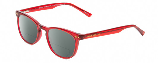 Profile View of Prive Revaux Show Off Single Designer Polarized Reading Sunglasses with Custom Cut Powered Smoke Grey Lenses in Red Crystal Ladies Round Full Rim Acetate 48 mm