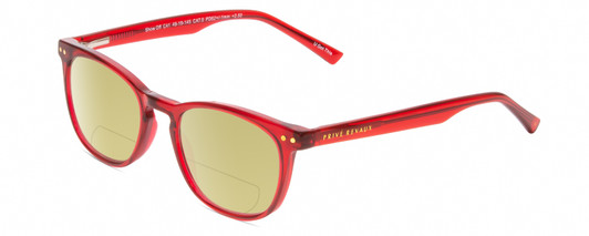 Profile View of Prive Revaux Show Off Single Designer Polarized Reading Sunglasses with Custom Cut Powered Sun Flower Yellow Lenses in Red Crystal Ladies Round Full Rim Acetate 48 mm