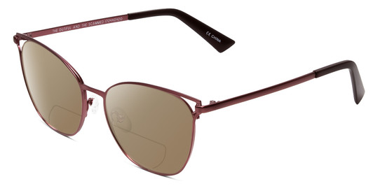 Profile View of Book Club Dutiful Scammed Designer Polarized Reading Sunglasses with Custom Cut Powered Amber Brown Lenses in Wine Satin Red Ladies Cat Eye Full Rim Metal 55 mm