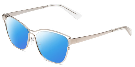 Profile View of Book Club Late Hesitation Designer Polarized Sunglasses with Custom Cut Blue Mirror Lenses in Gloss Silver Unisex Cat Eye Full Rim Metal 54 mm