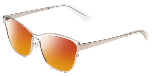 Profile View of Book Club Late Hesitation Designer Polarized Sunglasses with Custom Cut Red Mirror Lenses in Gloss Silver Unisex Cat Eye Full Rim Metal 54 mm