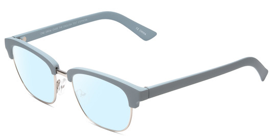 Profile View of Book Club One Drew Over English Test Designer Blue Light Blocking Eyeglasses in Sky Blue Silver Unisex Oval Full Rim Metal 52 mm