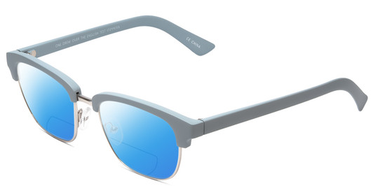 Profile View of Book Club One Drew Over English Test Designer Polarized Reading Sunglasses with Custom Cut Powered Blue Mirror Lenses in Sky Blue Silver Unisex Oval Full Rim Metal 52 mm