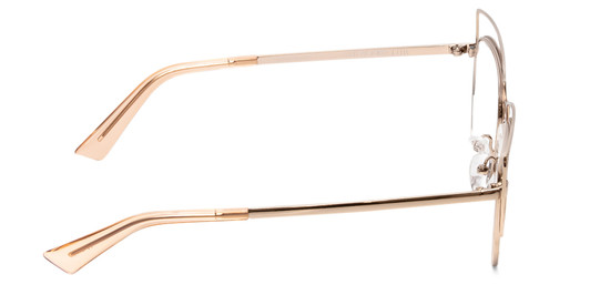 Side View of Book Club One Hundred Beers Solitude Designer Reading Eye Glasses with Custom Cut Powered Lenses in Rose Gold Ladies Cat Eye Full Rim Metal 55 mm
