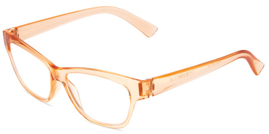 Profile View of Book Club Tail of Two Kitties Designer Progressive Lens Prescription Rx Eyeglasses in Sherbert Crystal Peach Orange Ladies Cat Eye Full Rim Acetate 53 mm