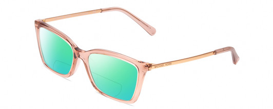 Profile View of Michael Kors Camila MK4069U Designer Polarized Reading Sunglasses with Custom Cut Powered Green Mirror Lenses in Crystal Rose Blush Pink Gold Ladies Cat Eye Full Rim Acetate 54 mm