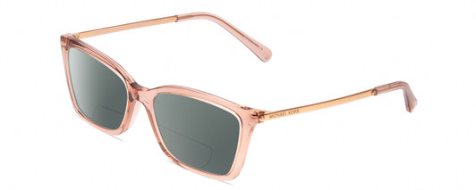 Profile View of Michael Kors Camila MK4069U Designer Polarized Reading Sunglasses with Custom Cut Powered Smoke Grey Lenses in Crystal Rose Blush Pink Gold Ladies Cat Eye Full Rim Acetate 54 mm