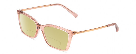 Profile View of Michael Kors Camila MK4069U Designer Polarized Reading Sunglasses with Custom Cut Powered Sun Flower Yellow Lenses in Crystal Rose Blush Pink Gold Ladies Cat Eye Full Rim Acetate 54 mm