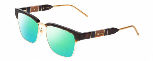 Profile View of GUCCI GG0605O Designer Polarized Reading Sunglasses with Custom Cut Powered Green Mirror Lenses in Tortoise Havana Brown Gold Navy Blue Unisex Cat Eye Semi-Rimless Acetate 52 mm