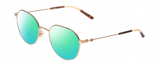 Profile View of GUCCI GG0684O Designer Polarized Reading Sunglasses with Custom Cut Powered Green Mirror Lenses in Gold Brown Tortoise Havana Ivory Ladies Round Full Rim Metal 51 mm