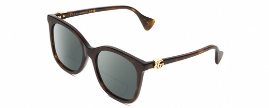 Profile View of GUCCI GG1071S Designer Polarized Reading Sunglasses with Custom Cut Powered Smoke Grey Lenses in Tortoise Havana Brown Gold Ladies Cat Eye Full Rim Acetate 55 mm