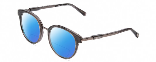 Profile View of Chopard VCH239 Designer Polarized Reading Sunglasses with Custom Cut Powered Blue Mirror Lenses in Grey Crystal Mosaic/Sparkles/Black Gunmetal Ladies Round Full Rim Acetate 50 mm
